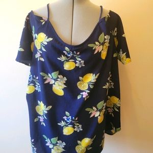 Lemon & Floral Print Cold-Shoulder Blouse